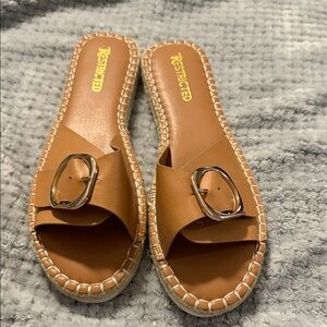 Restricted Tan Buckle Slide Sandals